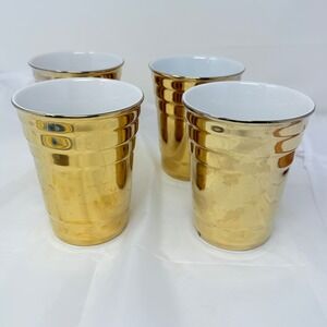BLKSMITH Ceramic‎ Gold Tumbler Cups Set of 4 Metallic Ribbed Party Drinkware